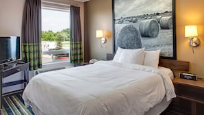 Una habitación de hotel con una cama grande, televisión, escritorio con lámpara y un cuadro con abedules.