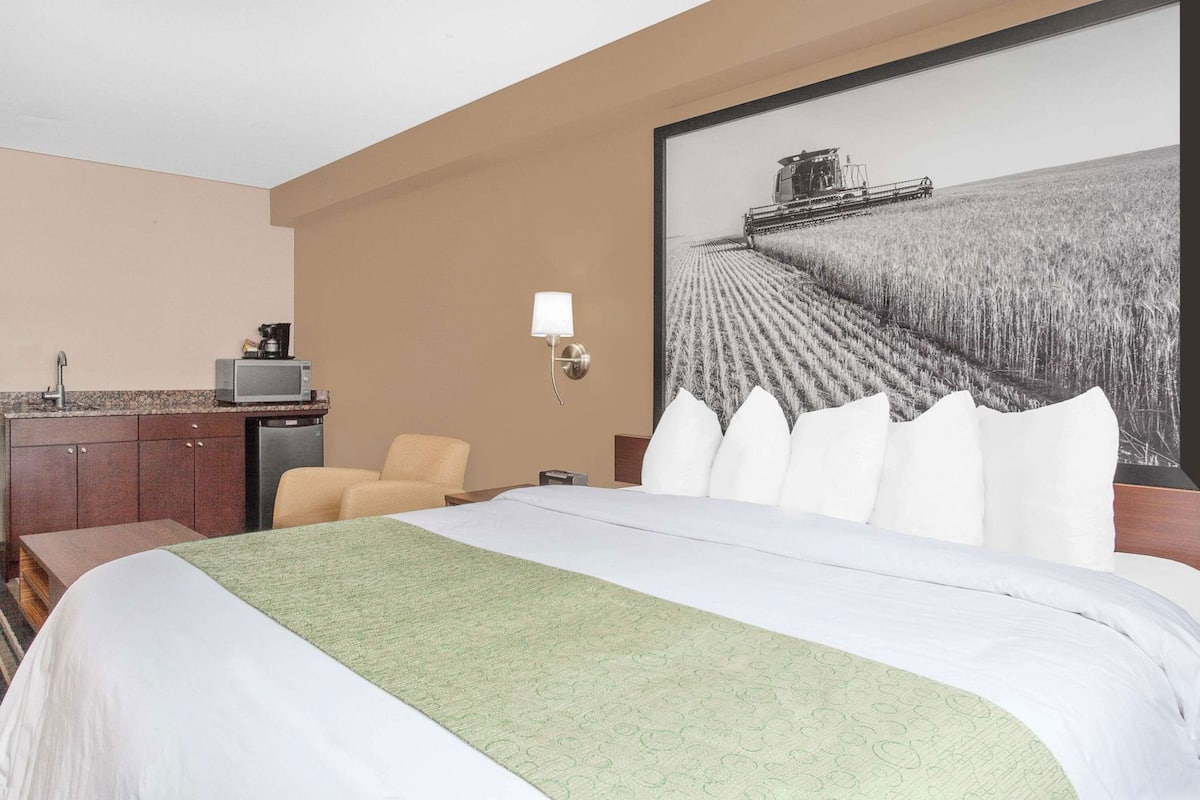 A hotel room with a bed, a desk with a coffee maker, a chair, a wall-mounted lamp, and a large agricultural-themed painting.
