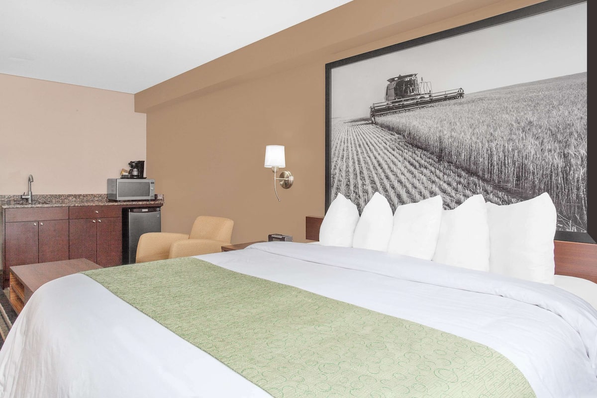 A hotel room with a large bed, a desk with a microwave, a chair, a nightstand, and a wall-mounted lamp.