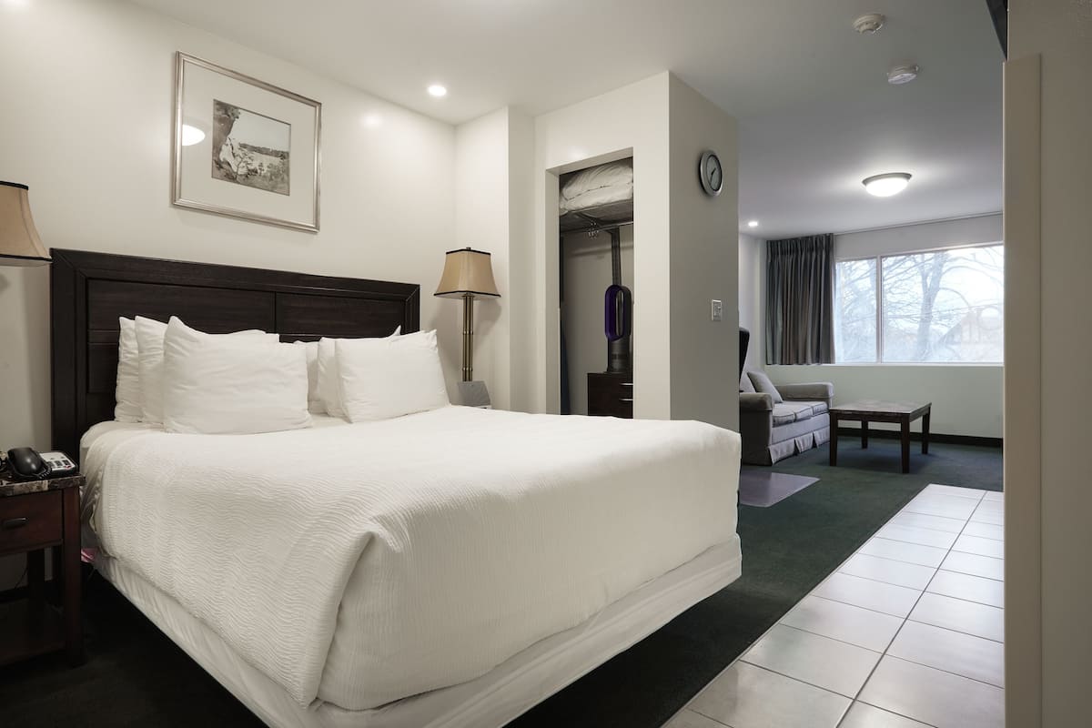 Quarto de hotel com uma cama grande, mesa de cabeceira com abajur, relógio na parede e janela com vista para árvores.