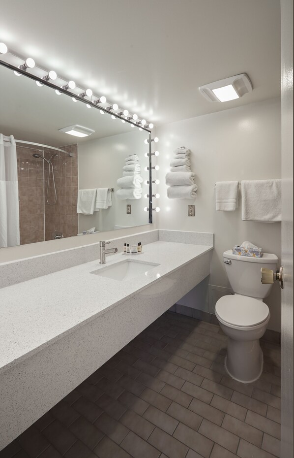 A modern bathroom with a large mirror, vanity, and a toilet.