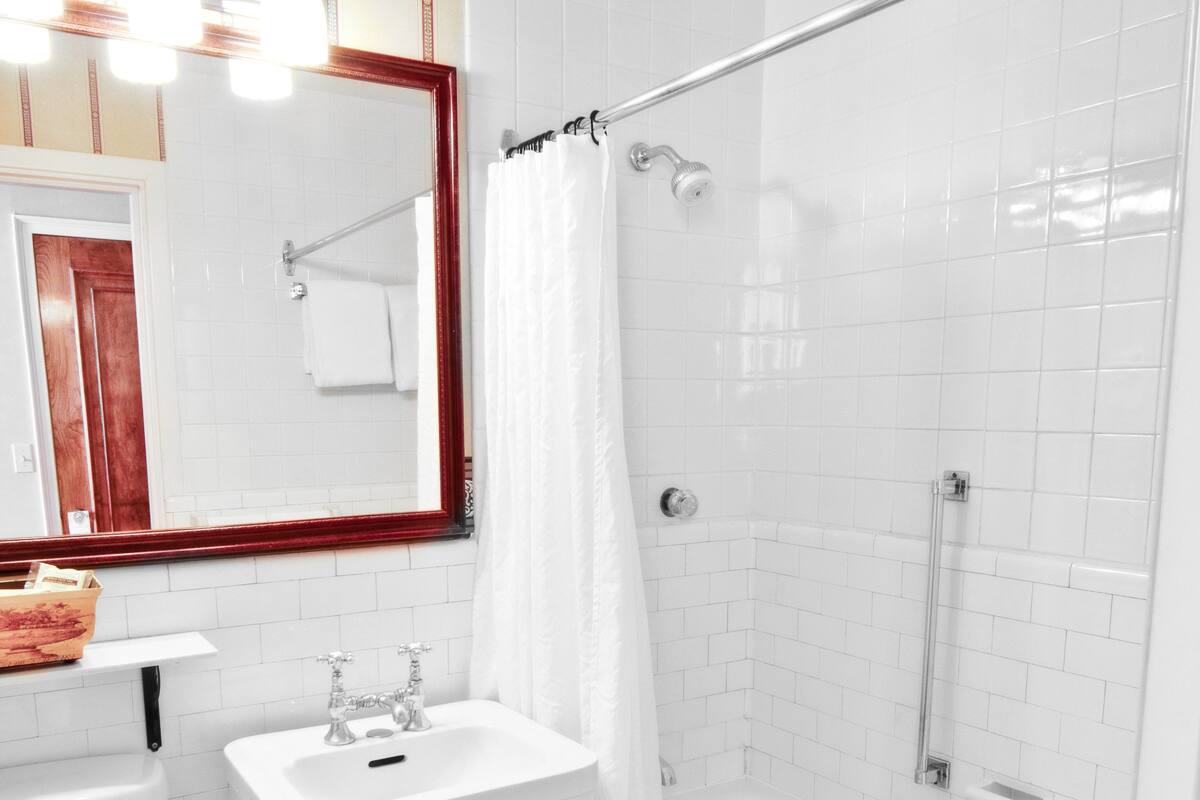 combined shower/bathtub, free toiletries, hair dryer, towels