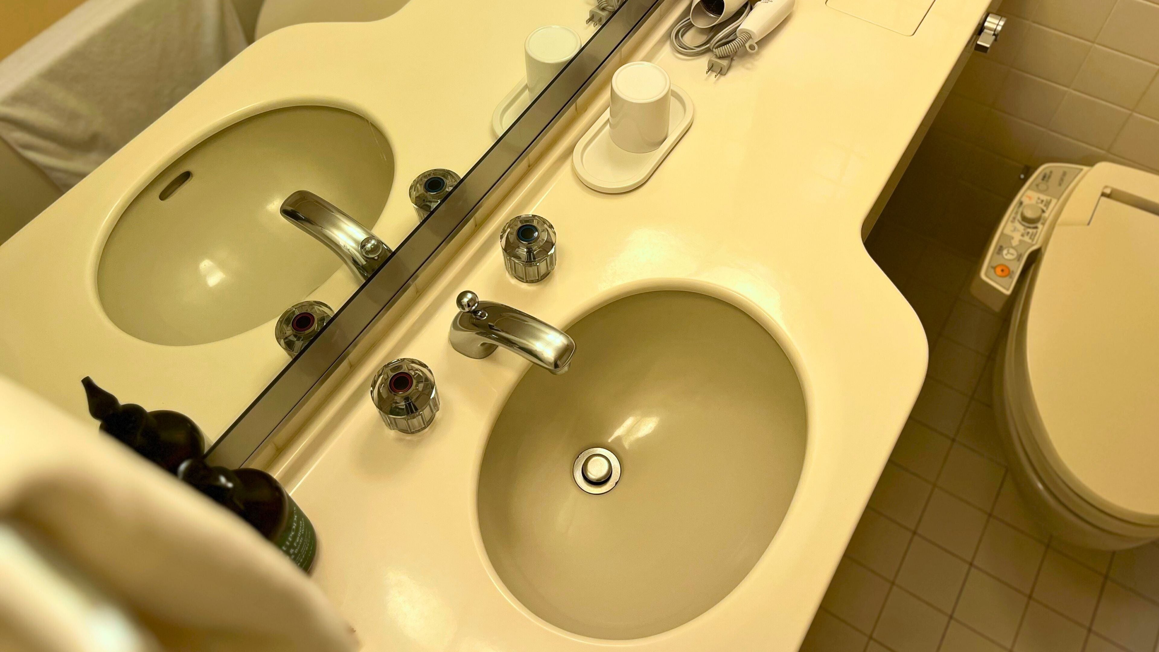 A bathroom with two sinks, a mirror, and a toilet.