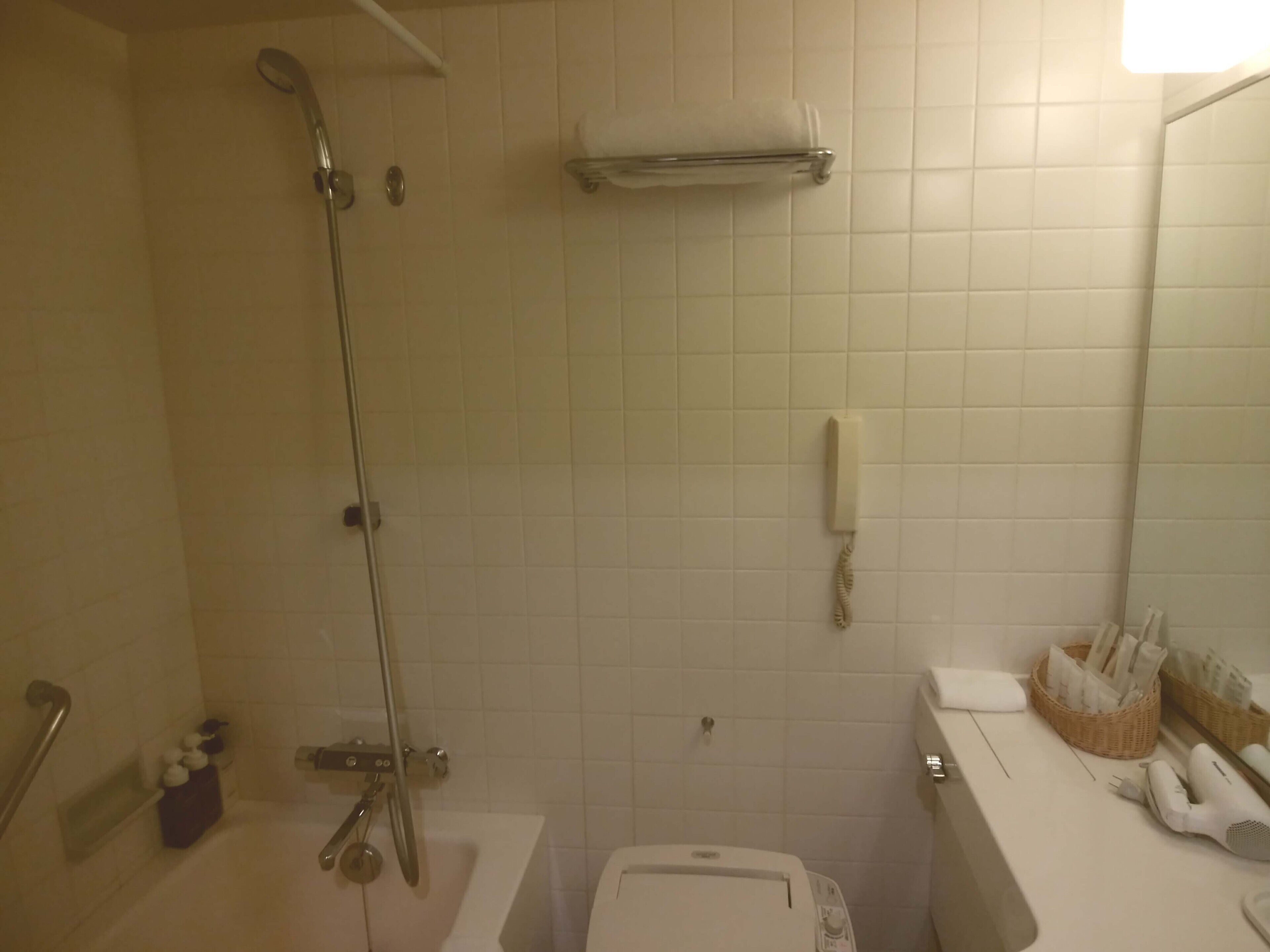 combined shower/bathtub, free toiletries, hair dryer, slippers
