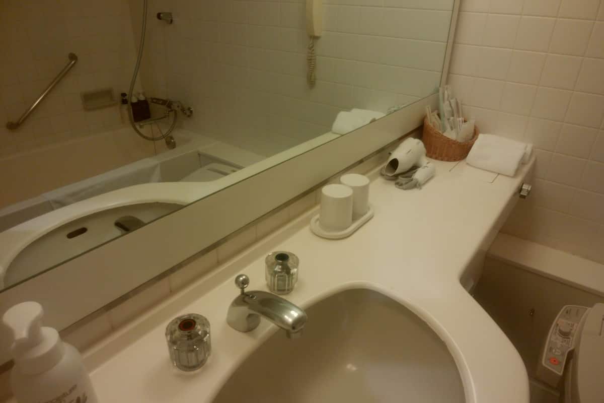 combined shower/bathtub, free toiletries, hair dryer, slippers