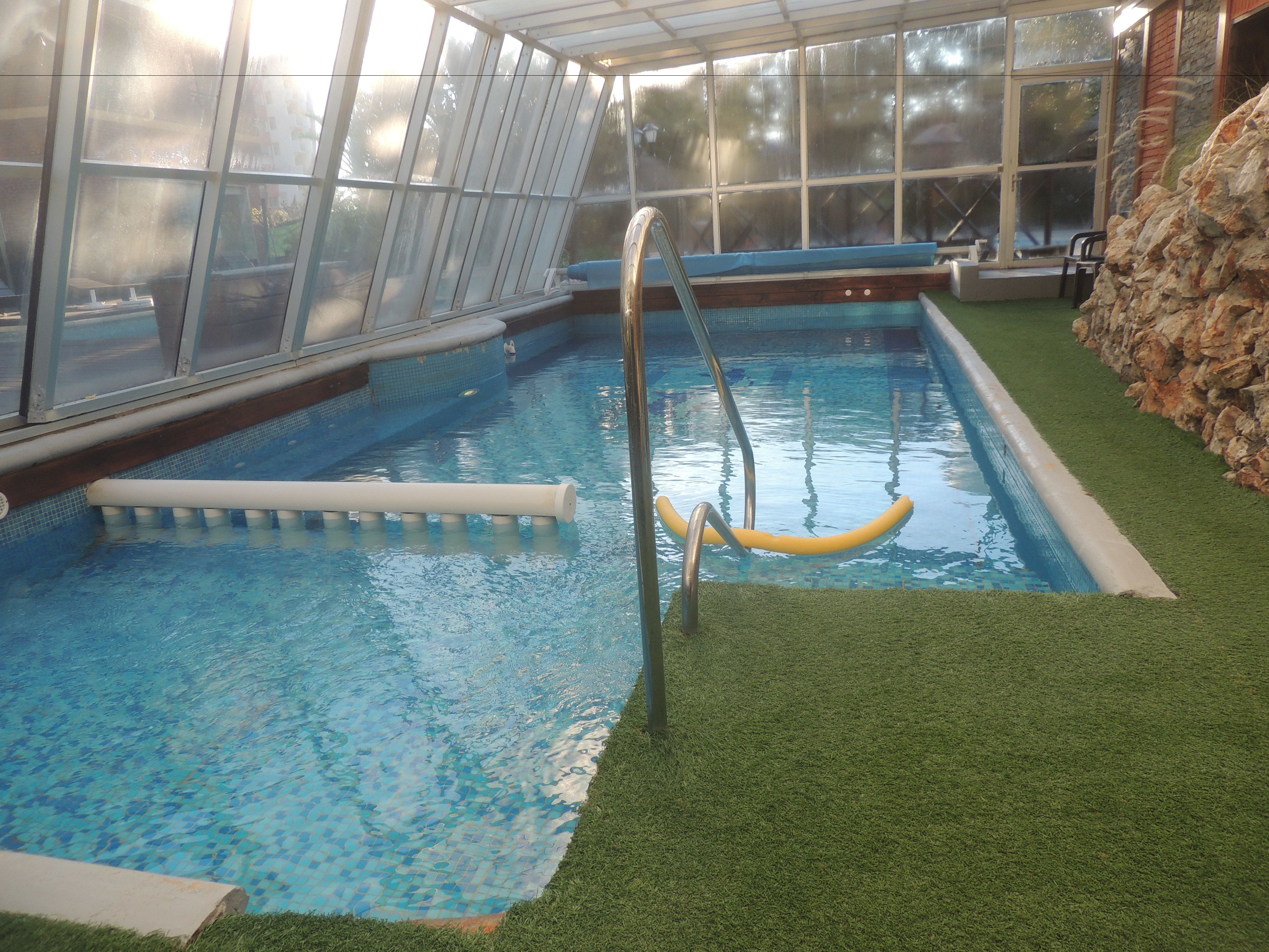 Una piscina interior con agua cristalina, rodeada de césped artificial y un muro de piedra.