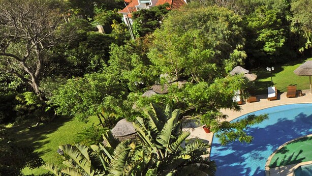 Vue aérienne d’une propriété dotée d’une piscine, d’un patio couvert et d’une végétation luxuriante.