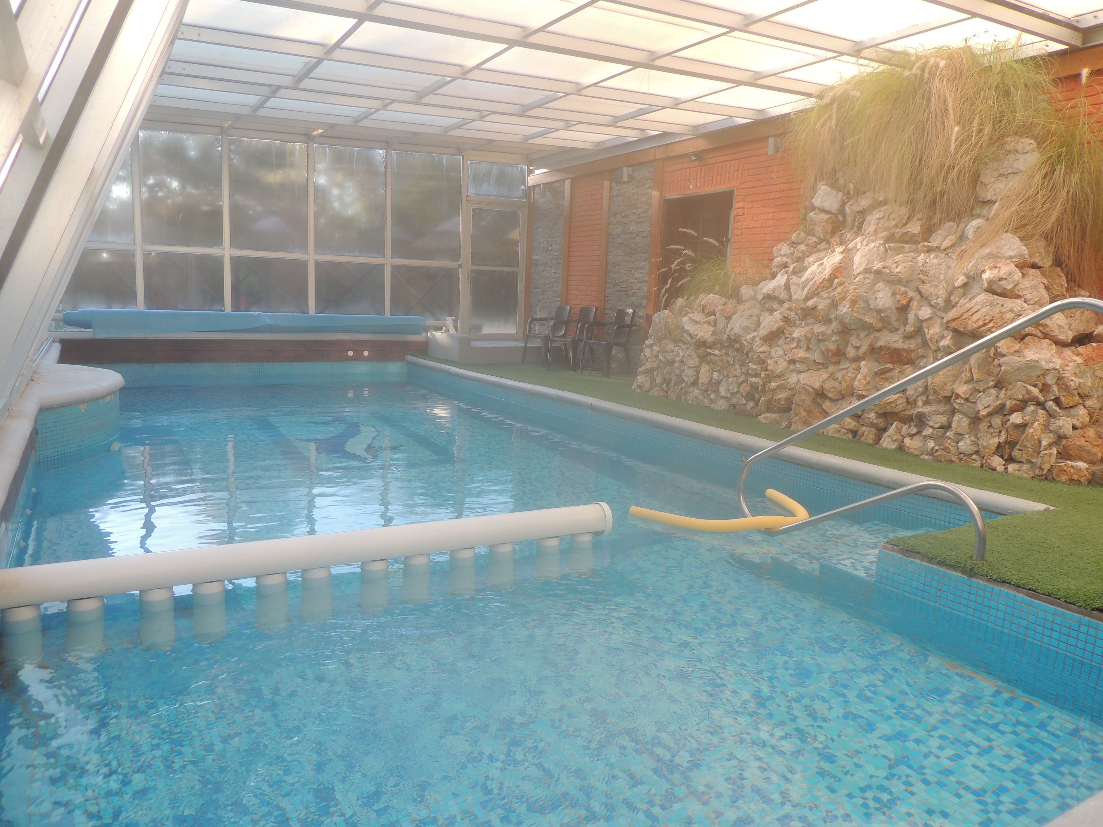 An indoor swimming pool with clear water, a diving board, and a stone wall with plants.