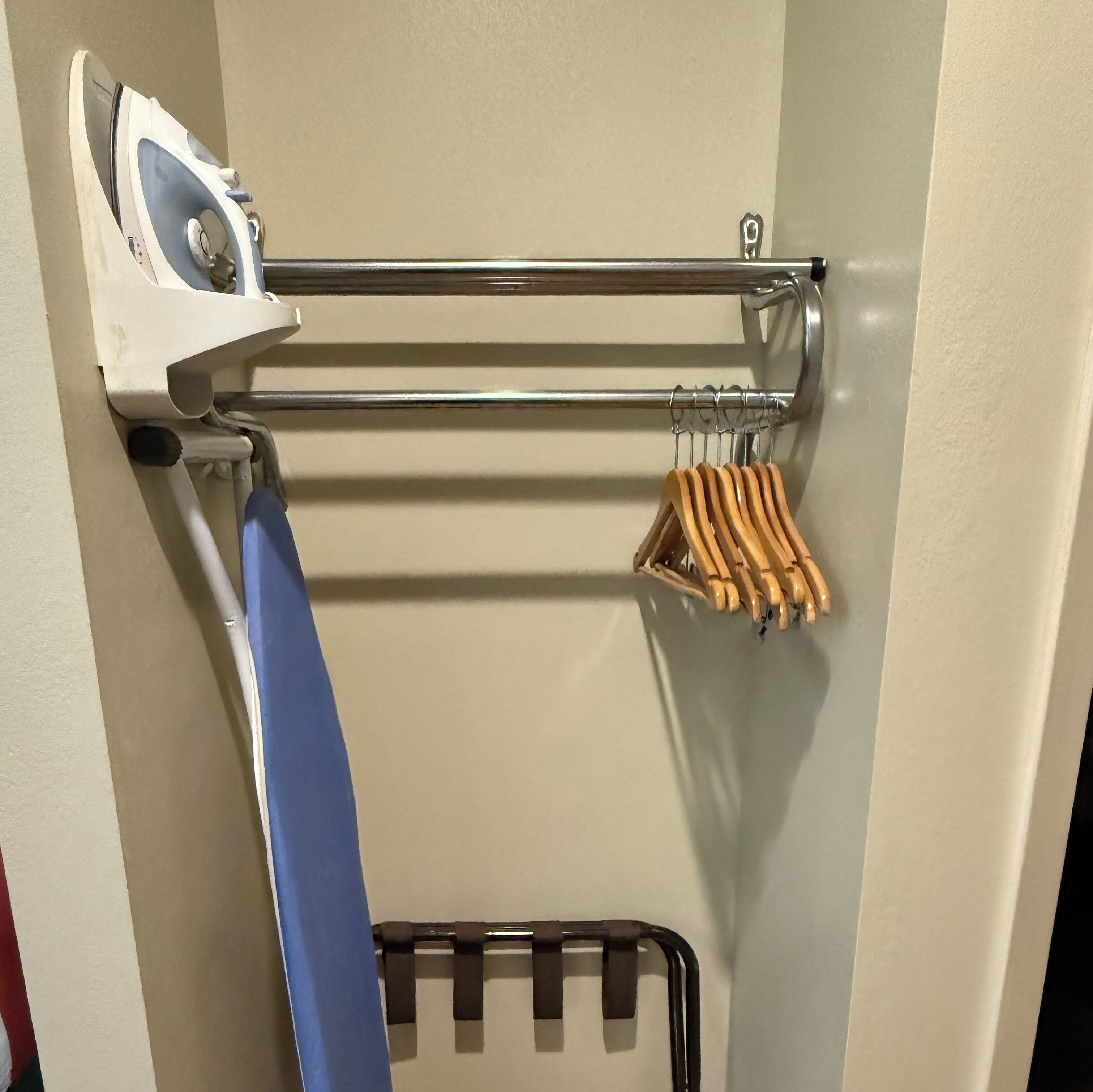 desk, iron/ironing board, internet, bed sheets