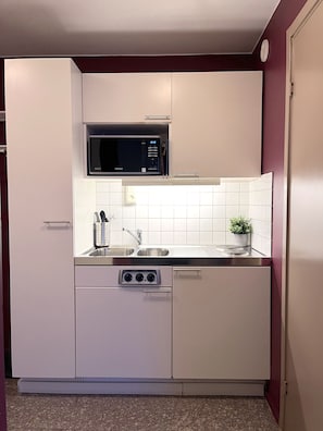 Geladeira, micro-ondas, cooktop, talheres/pratos/utensílios de cozinha