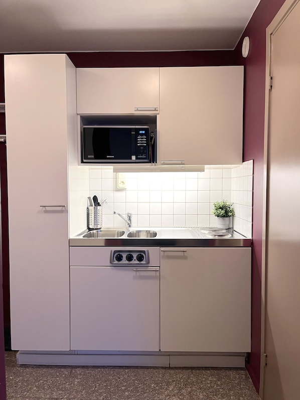 Fridge, microwave, stovetop, cookware/dishes/utensils