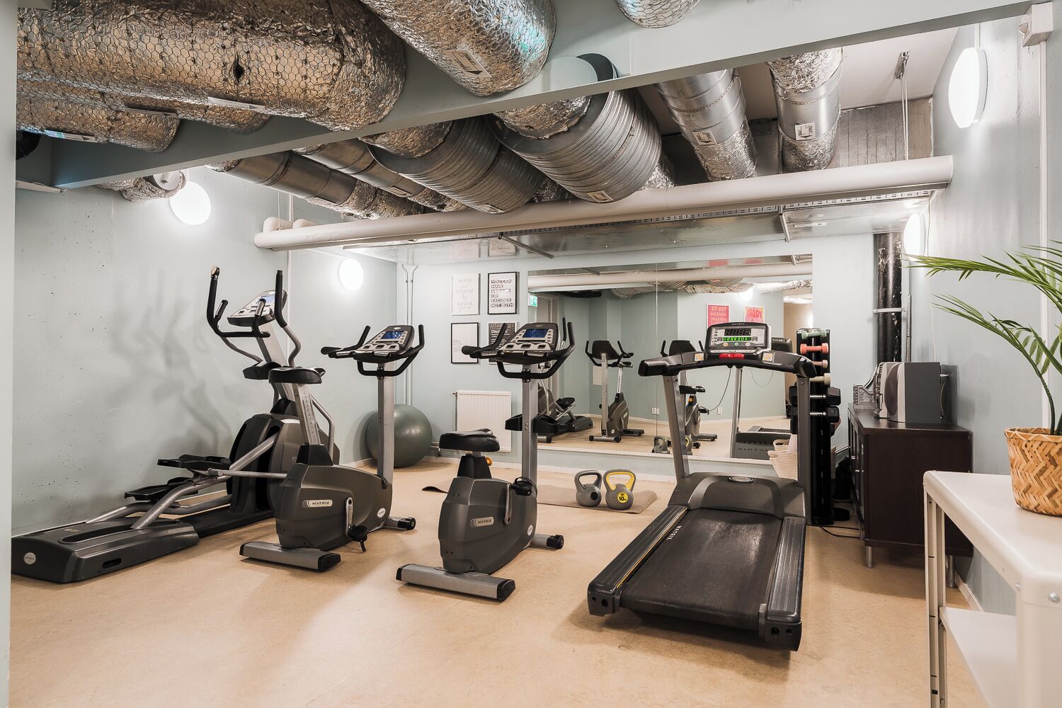 A gym with treadmills, elliptical machines, and a rowing machine.