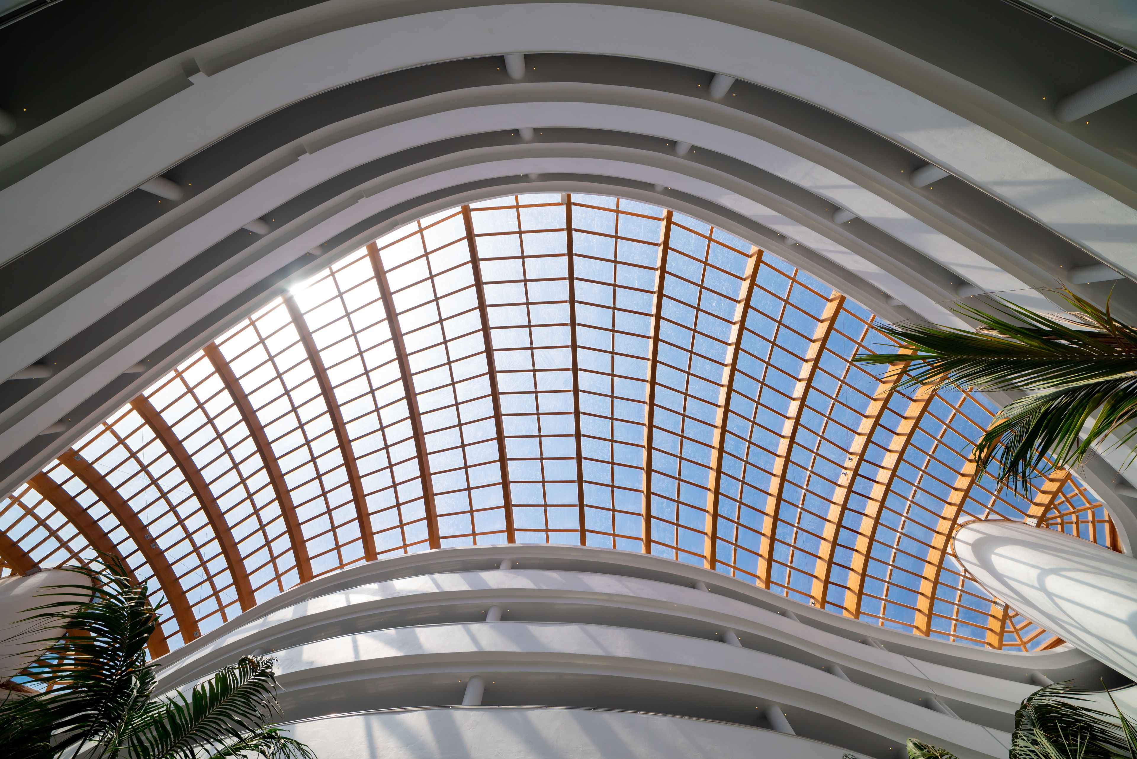 Una estructura arquitectónica moderna con un amplio techo de cristal y vigas blancas curvas.