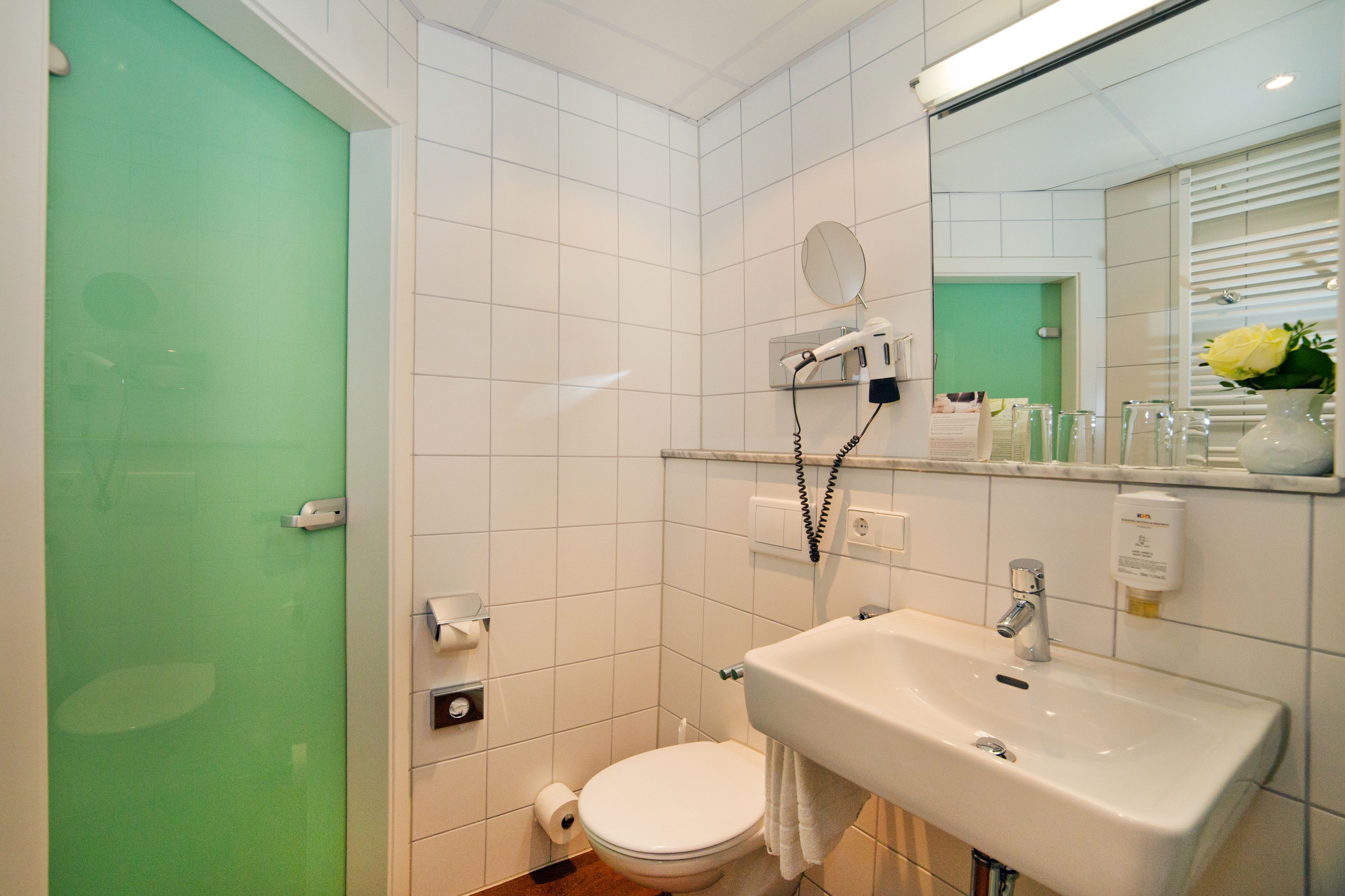 A bathroom with a white sink, a mirror, a hairdryer on a wall-mounted shelf, a toilet, and a green-tinted shower door.