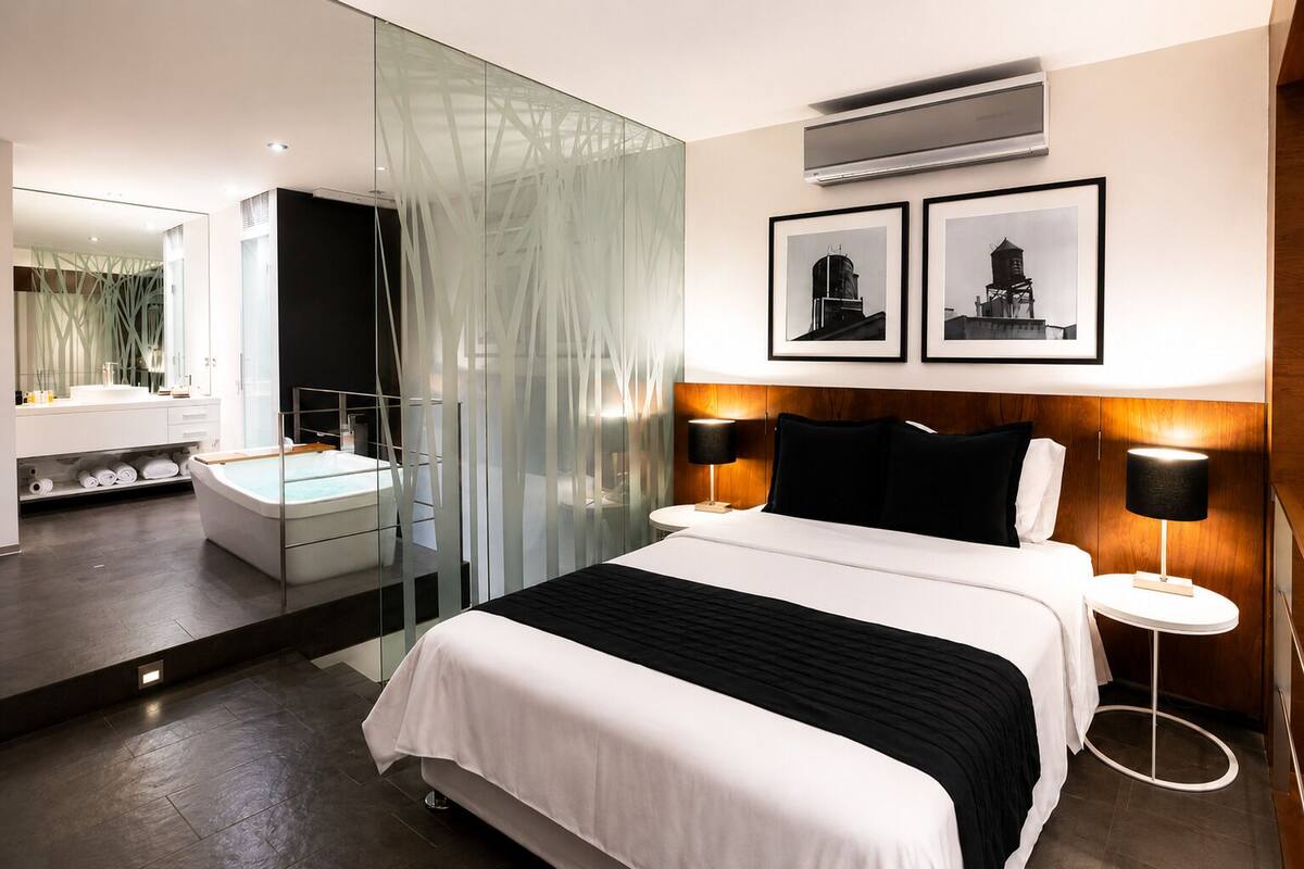 Una habitación de hotel moderna con una cama grande, un separador de vidrio, una bañera y un aire acondicionado de pared.