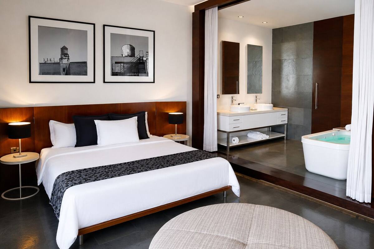 Una habitación de hotel moderna con una cama grande, dos lámparas de noche, un tapete redondo, un baño con bañera y dos cuadros en la pared.