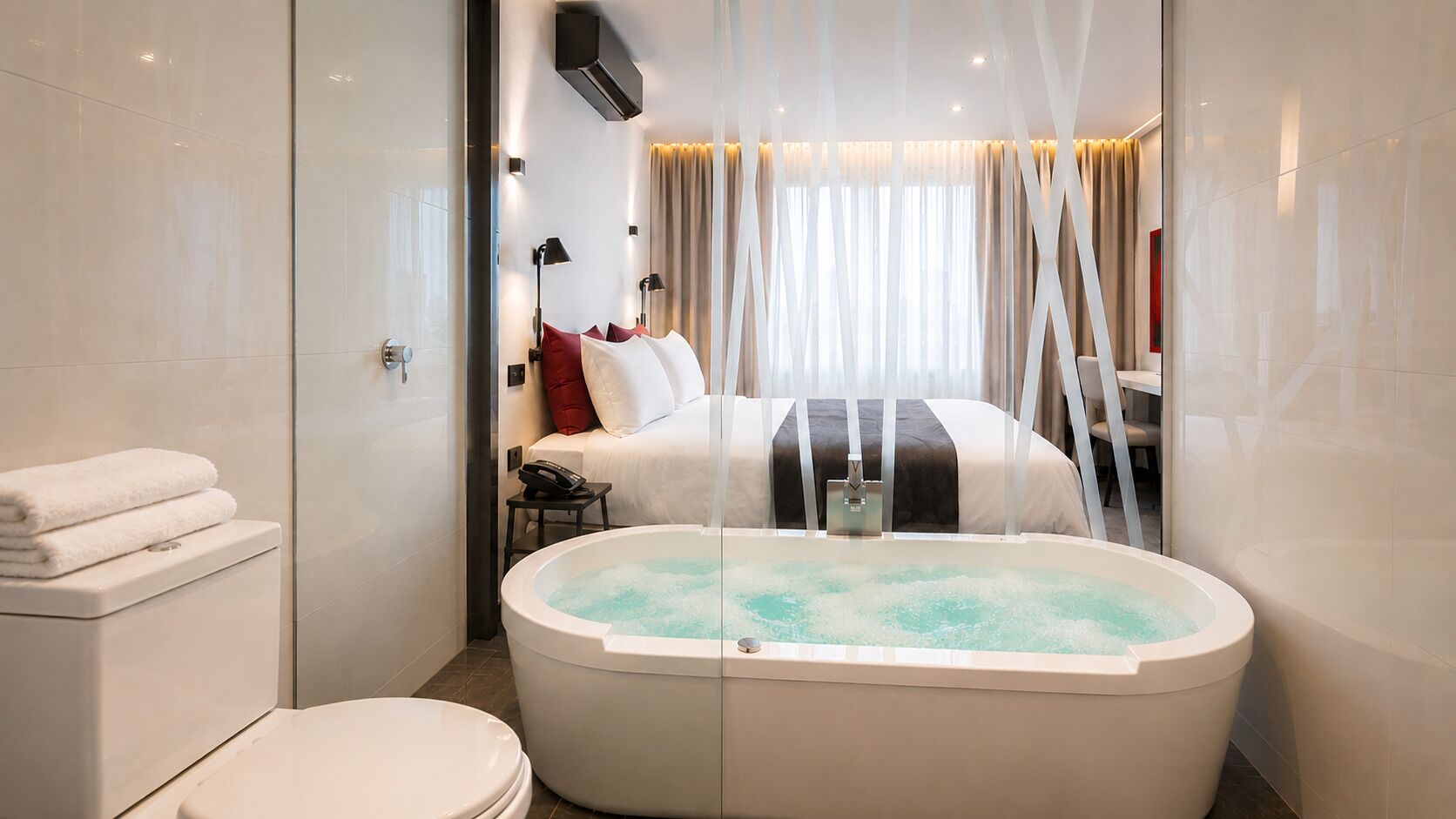 Habitación doble Deluxe, hidromasaje, vista a la ciudad | Tina de hidromasaje