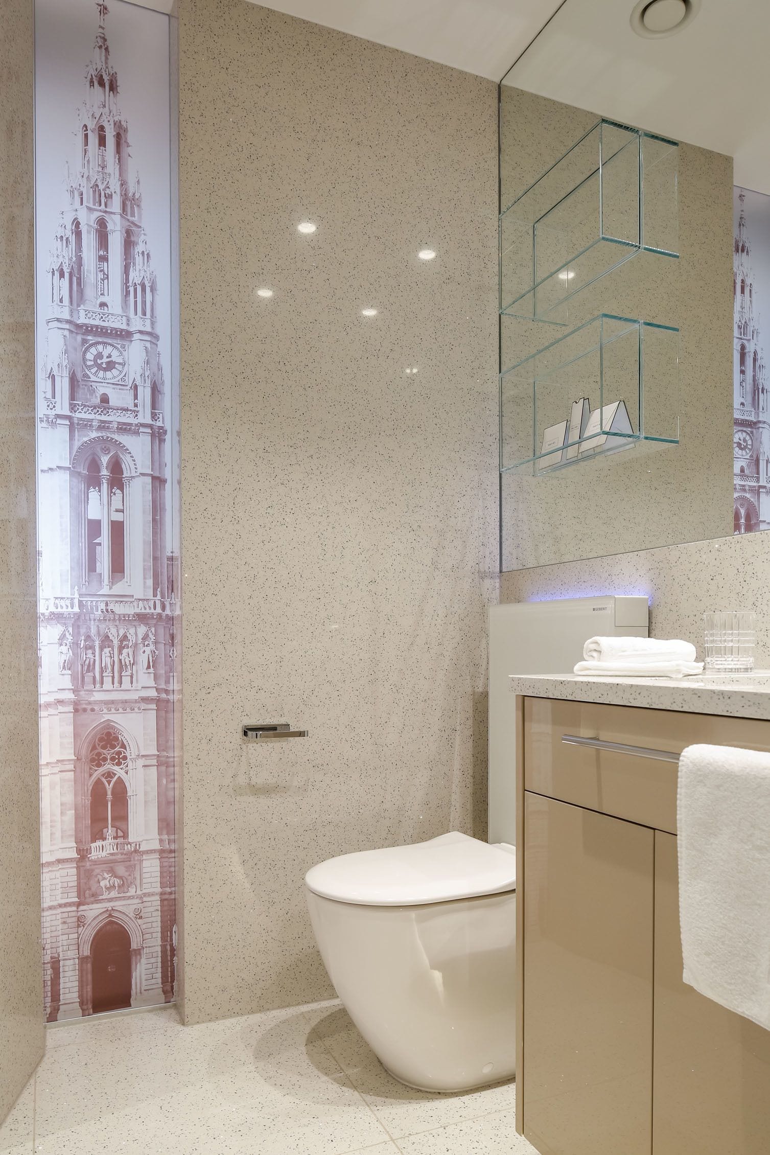 Une salle de bain moderne avec des toilettes sur pied, une étagère en verre au-dessus du lavabo et un grand miroir.
