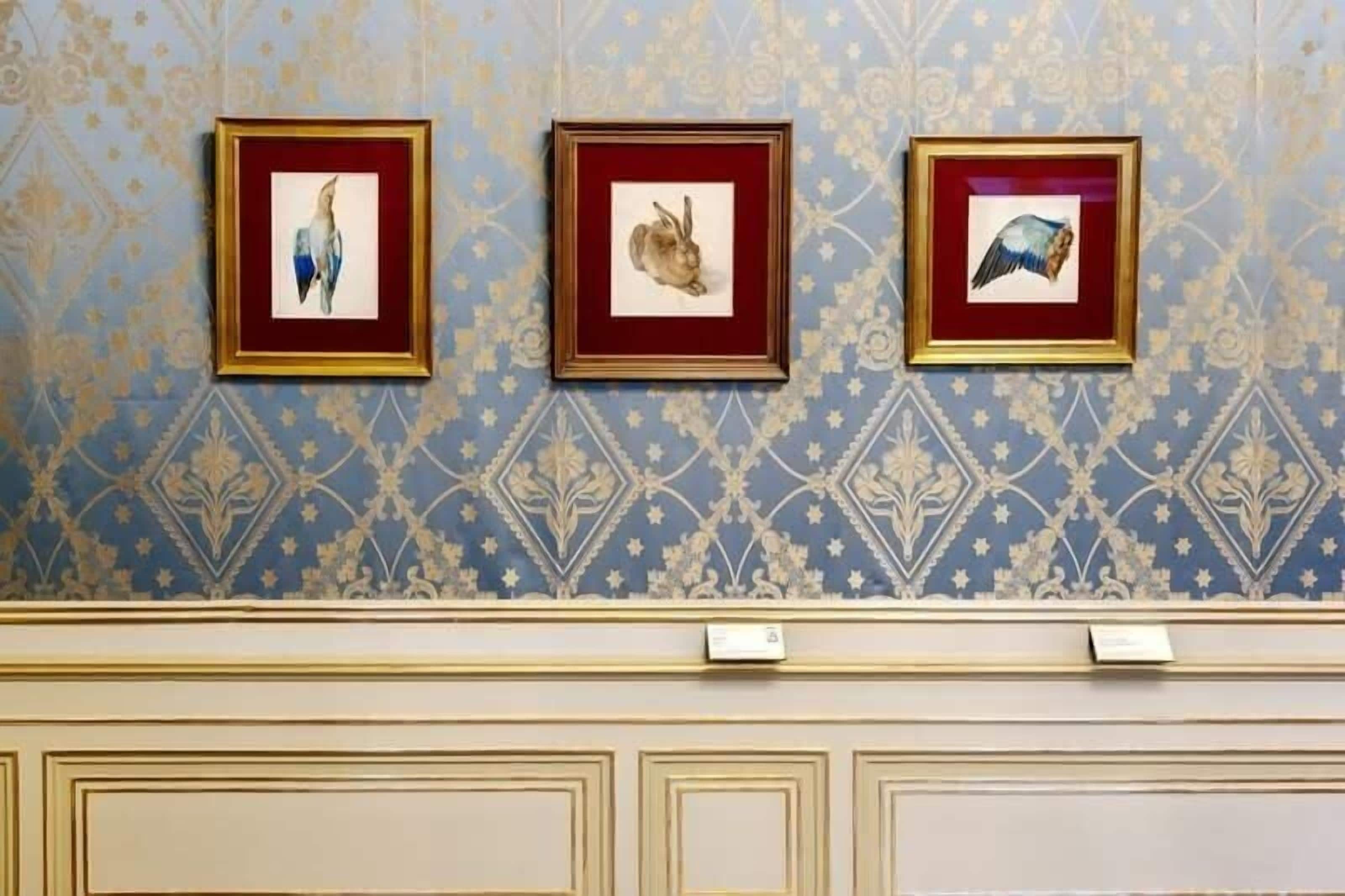 Three framed artworks on a patterned wall.
