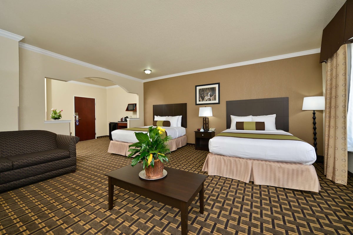 A hotel room with two beds, a sofa, a small table with a plant, and a mirror.