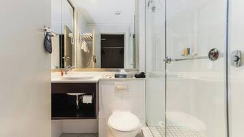 Shower, free toiletries, hair dryer, towels