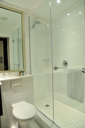 Un baño moderno con ducha envuelta en vidrio, inodoro blanco y espejo sobre el lavamanos.