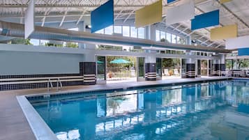 Indoor pool, outdoor pool, open 10:00 AM to 7:00 PM, pool umbrellas