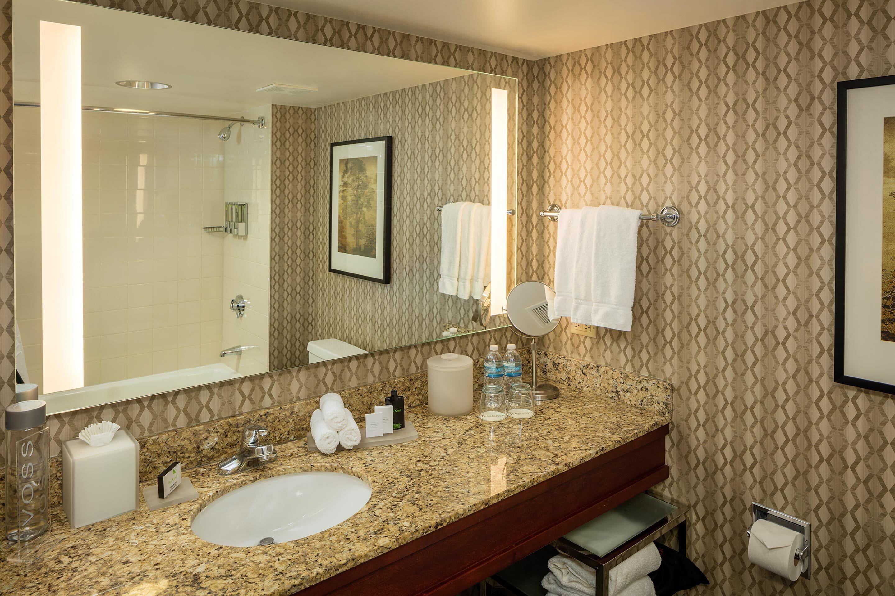 Un baño de hotel con lavamanos de encimera de granito, un espejo grande y una zona de ducha.