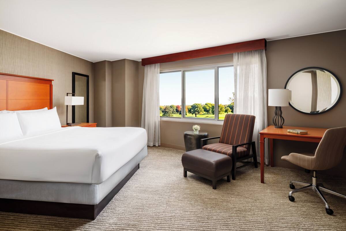 A hotel room with a large bed, a desk, a chair, a small table, and a window with a view of trees.