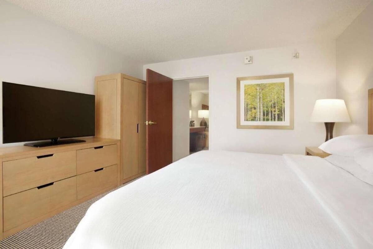 Une chambre d’hôtel avec un lit, un téléviseur posé sur une commode en bois, une porte donnant sur une autre pièce et un tableau encadré accroché au mur.