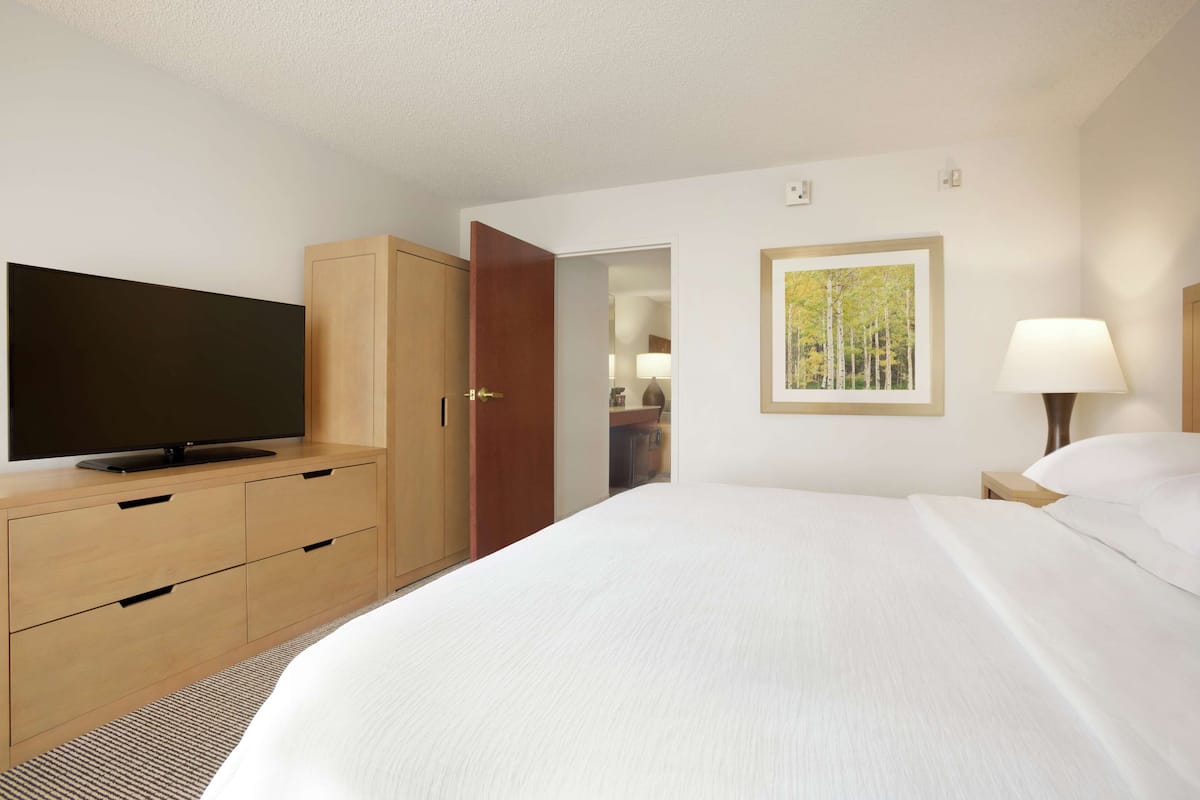 Une chambre d’hôtel avec un grand lit, un téléviseur posé sur une commode en bois, un tableau accroché au mur et une lampe sur la table de chevet.