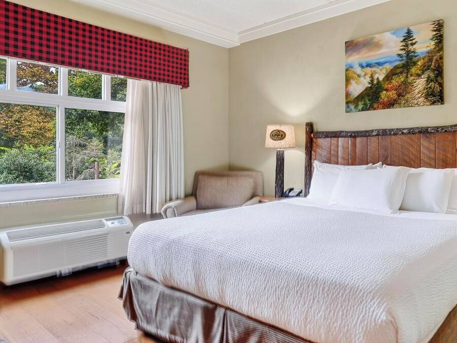 Quarto de hotel com uma cama grande, uma cadeira, um quadro na parede e duas luminárias de cabeceira.