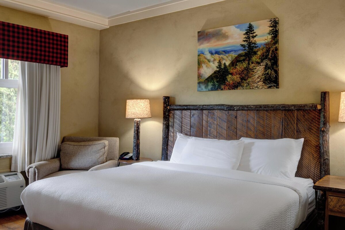 A large bed with white linens, a wooden headboard, a nightstand with a lamp, a chair, and a painting of a mountain landscape on the wall.