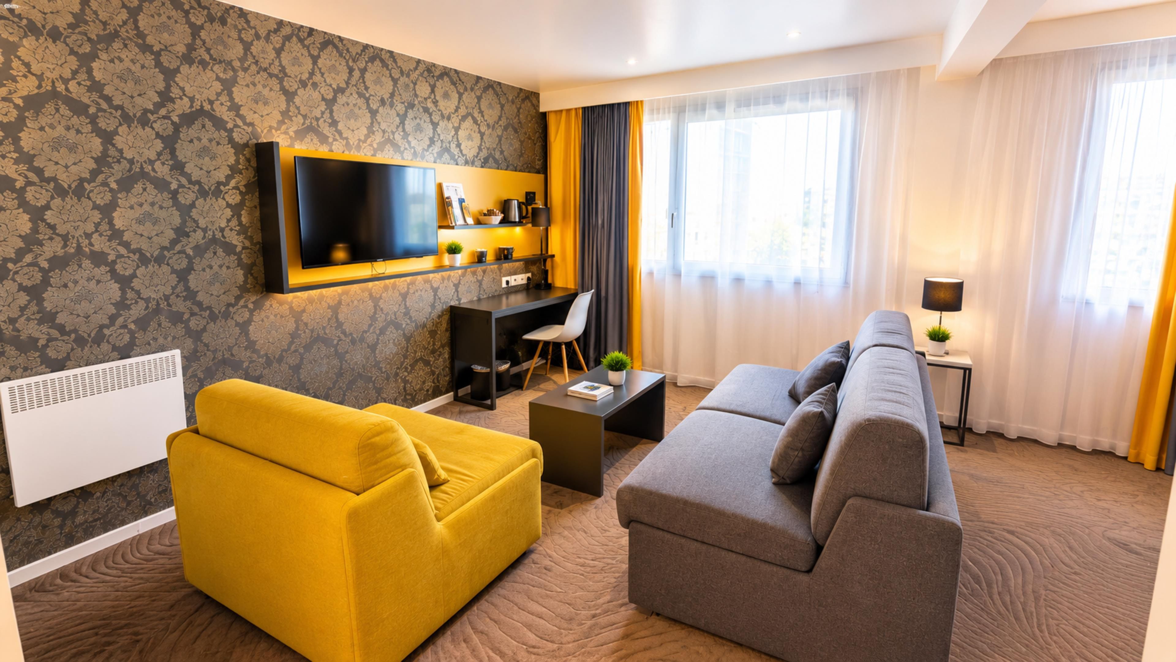 A modern living room with a sofa, a yellow armchair, a grey sofa, a flat-screen TV mounted on the wall, a small table with a lamp, and a window with curtains.