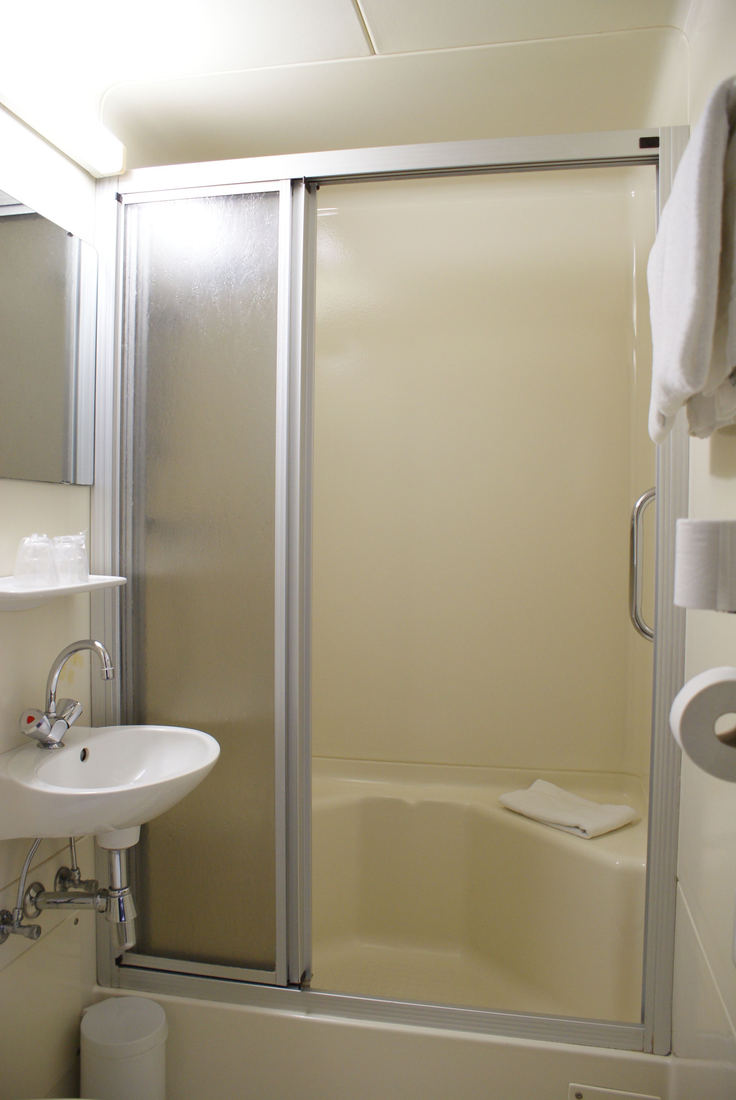 A bathroom with a shower enclosure, a sink, and a toilet.