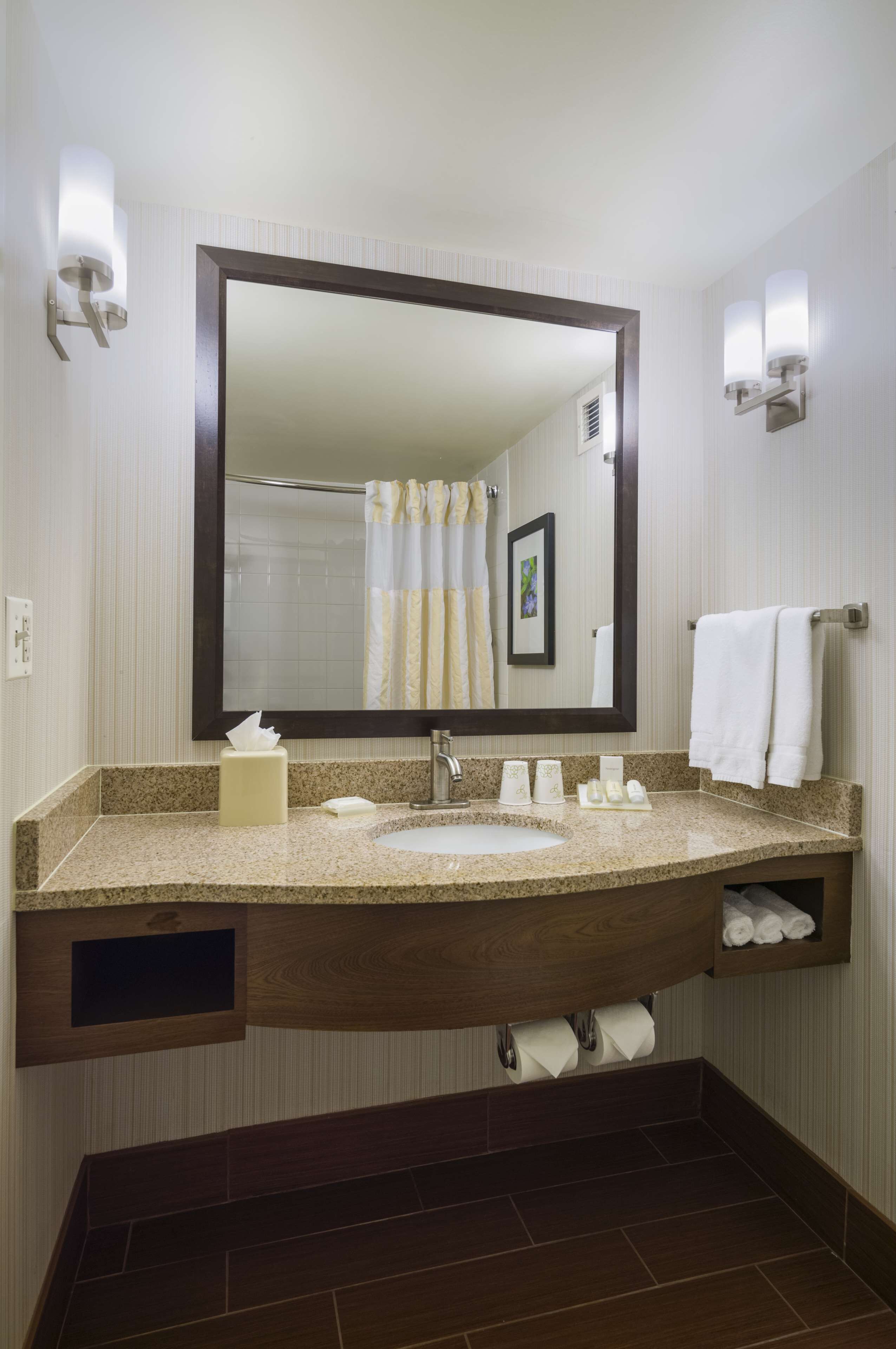 combined shower/bathtub, free toiletries, towels