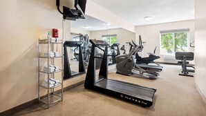 Une salle de sport équipée de machines de cardio, d’un tapis de course et d’un mur recouvert de miroirs.