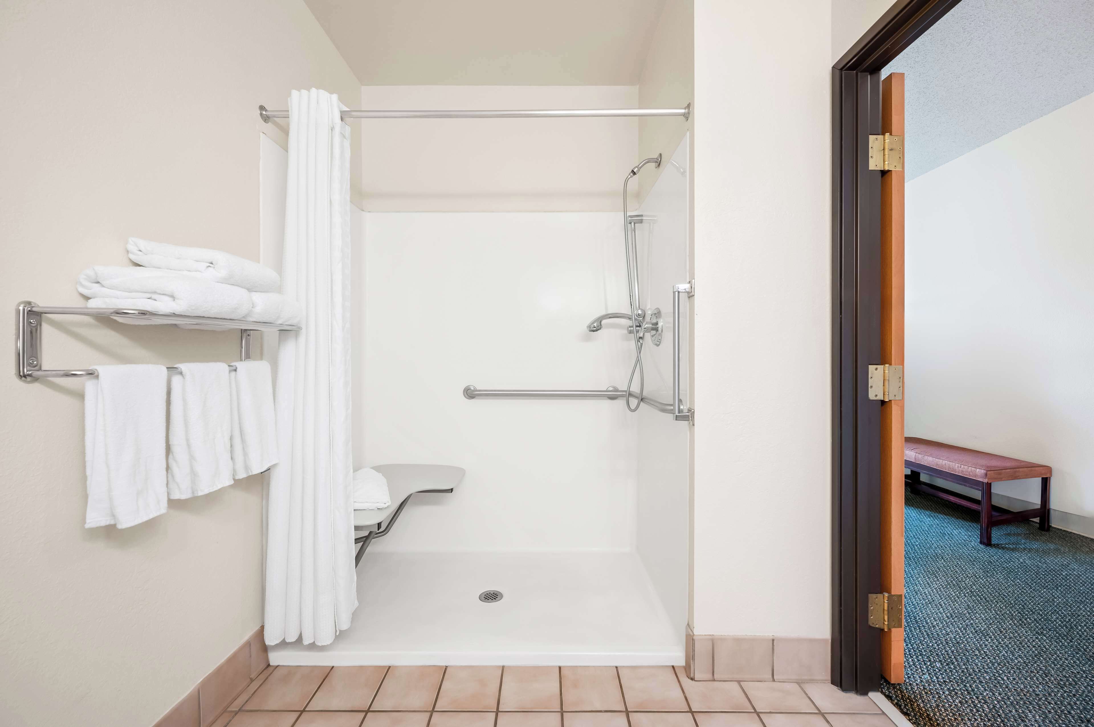 combined shower/bathtub, free toiletries, hair dryer, towels