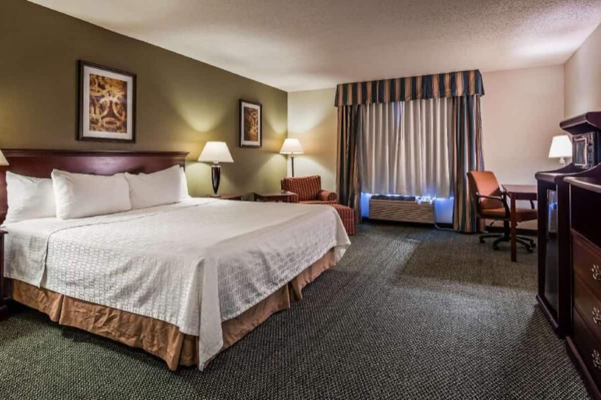Habitación de hotel con una cama grande, dos mesitas de noche con lámparas, un televisor, un escritorio con una silla y una ventana con cortinas.