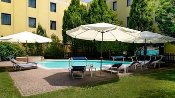 Outdoor pool, pool umbrellas, pool loungers