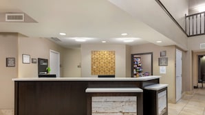 Een receptie met een donker aanrecht, een wand met geometrisch patroon en een klein plankje met diverse objecten.