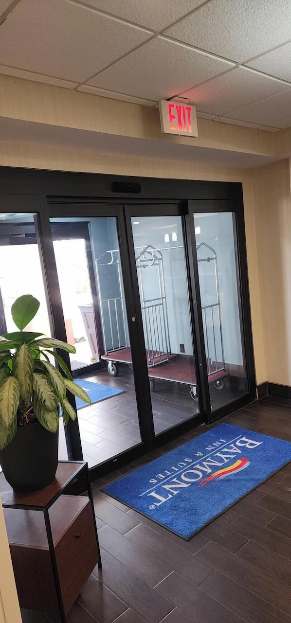 A hotel entrance with an exit sign, a blue mat with 'BAYN' and 'SOUTH' on it, a potted plant, and a cart in the background.