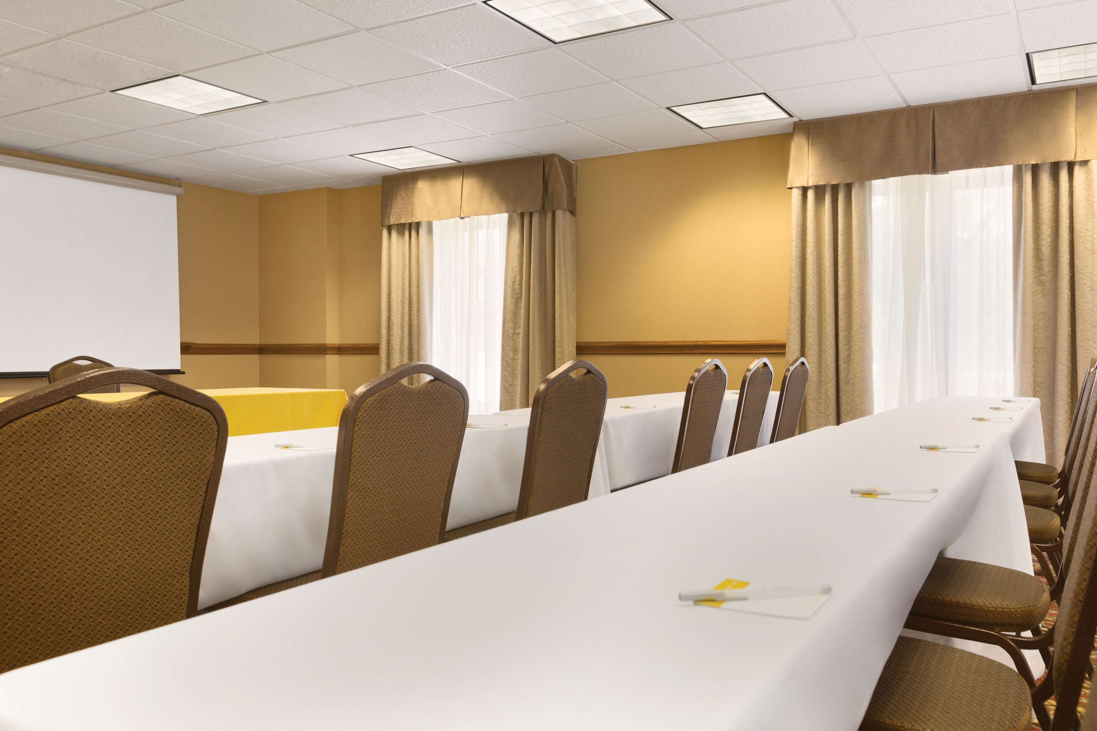 A conference room with a long table, chairs, a projector screen, and curtains.