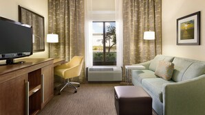 A hotel room with a flat-screen TV, a desk, a chair, a sofa, and a window with curtains. - Hampton Inn & Suites Tarpon Springs (Tarpon Springs)