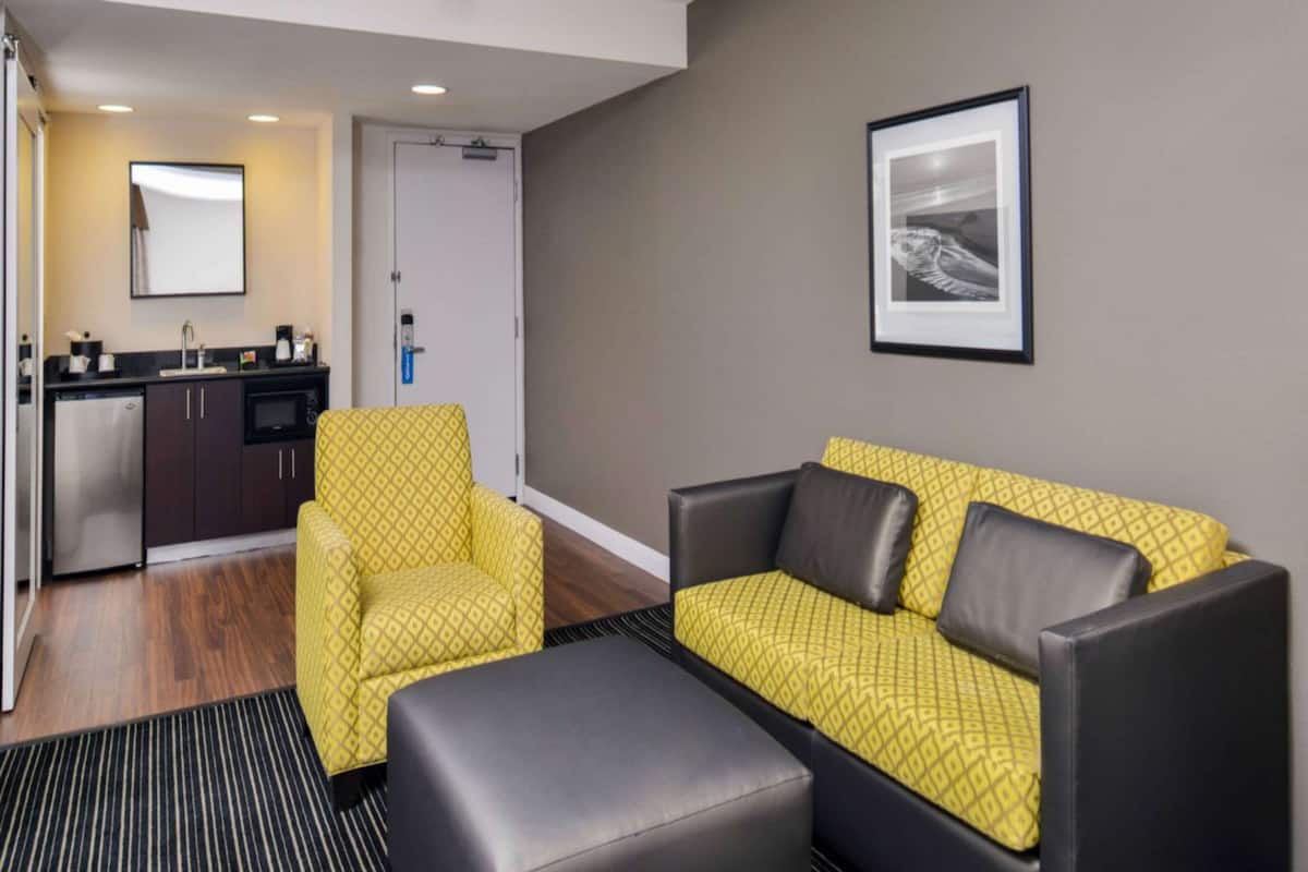 Un salon moderne comprenant un canapé, un fauteuil et un pouf, un coin cuisine et un tableau encadré accroché au mur.