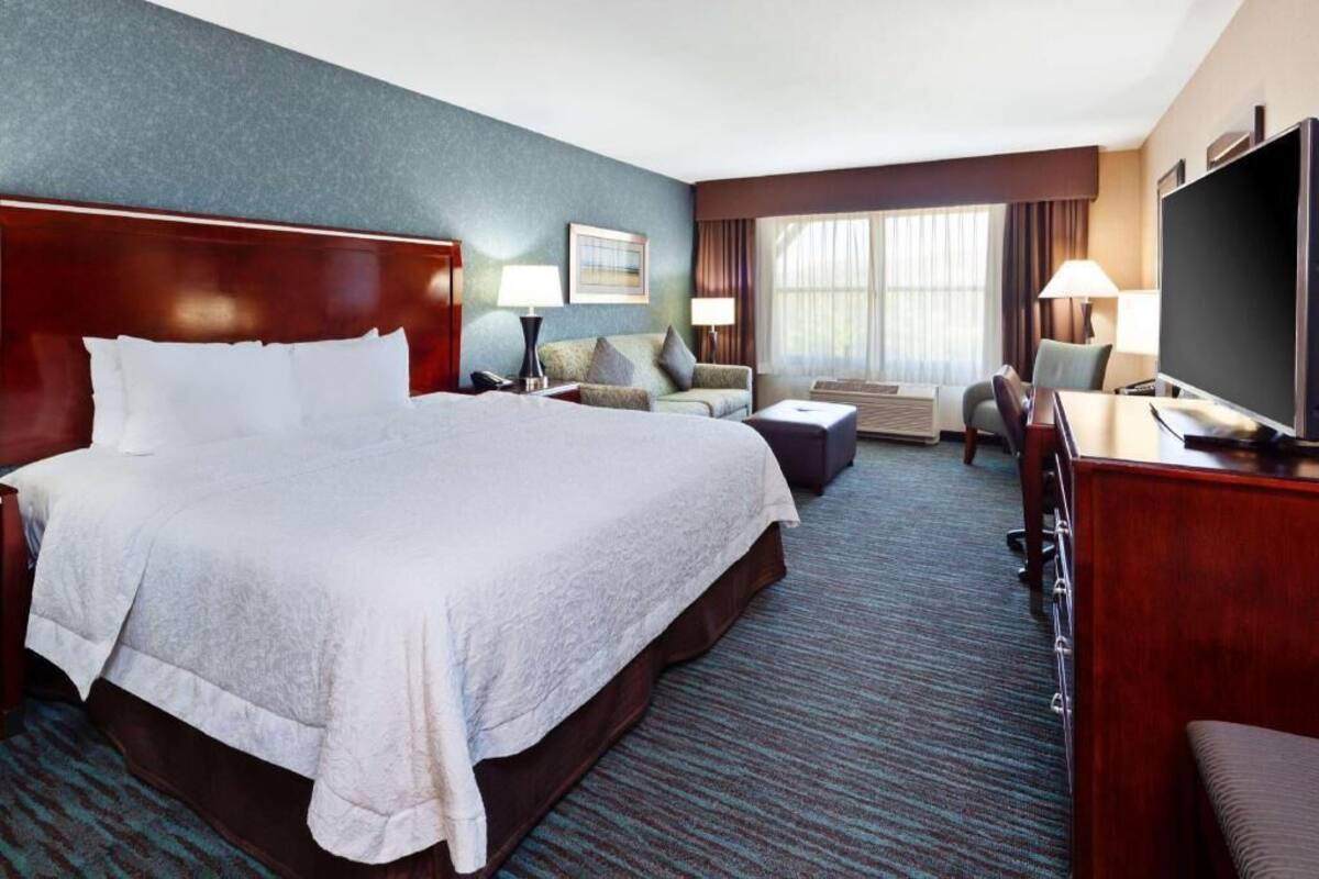 A hotel room with a large bed, a desk, a chair, a TV, and a sofa.