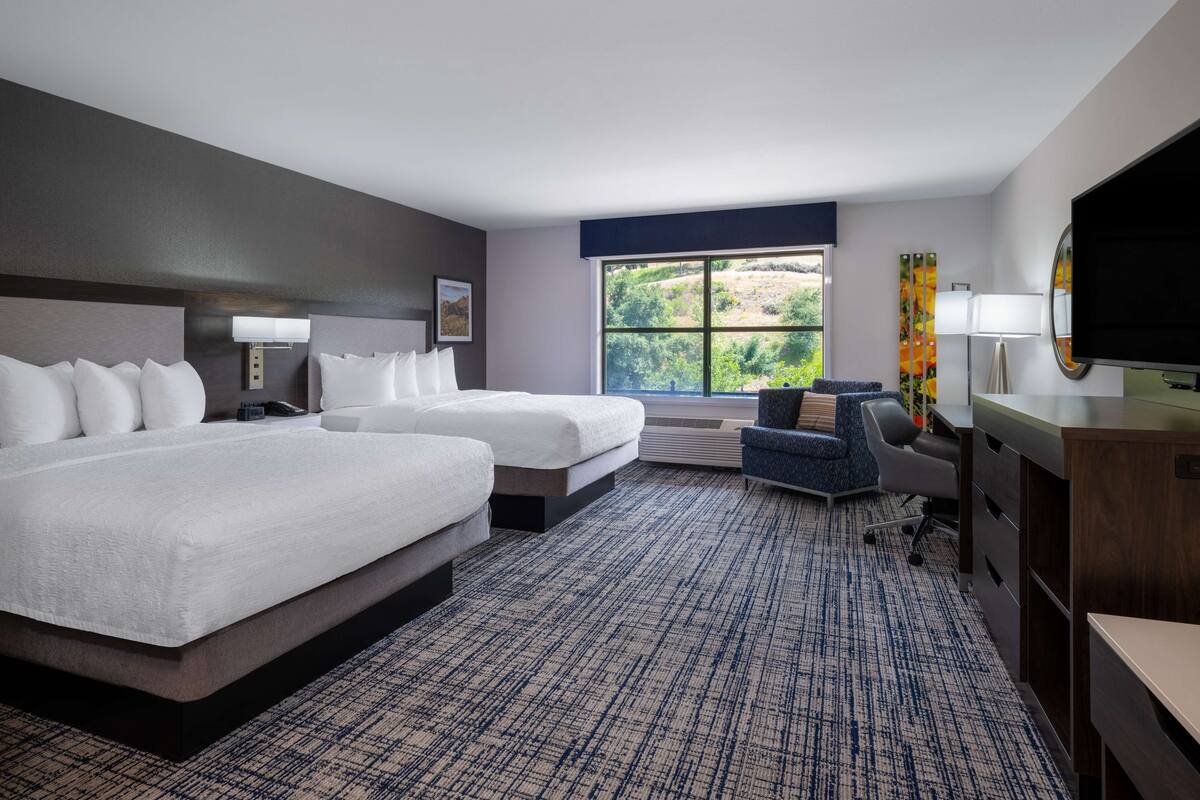 A hotel room with two beds, a desk, a chair, a TV, and a window with a view of greenery.
