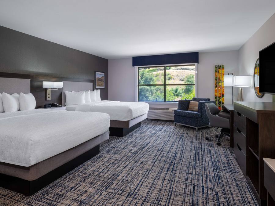 A hotel room with two beds, a desk, a chair, a TV, and a window with a view of greenery.