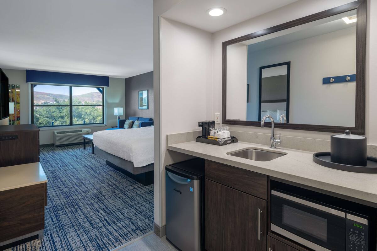 A hotel room with a bed, a large window, a sink, a microwave, and a compact dishwasher.