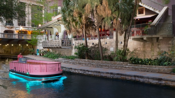 A riverboat with a pink and blue exterior, surrounded by buildings with balconies and a palm tree.